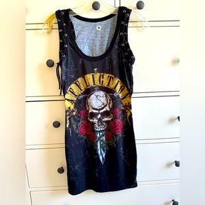 NWOT Affliction tank top lace detail & crisscross lace sleeve